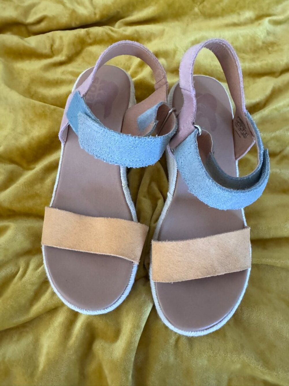 Sorel yellow/blue/pink pastel suede & espadrille wedges, women's size 6